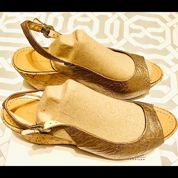 Via Spiga Shoes - VIA SPIGA Crinkled Gold Leather Wedge Slingbacks